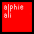 Red square icon with white pixelated text 'alphie' above 'ali', separated by a vertical line, and an orange dot on the right side.