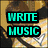 Pixelated image with four text blocks: cyan 'WRITE MUSIC' and 'DREAM BIG' on left, red 'WORK HARD' on right, all on dark backgrounds with blurred anime-style character backgrounds.