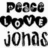 Black and white pixelated text icons arranged in a , displaying 'peace', 'love', and 'jonas' with heart-shaped letters for 'love'