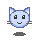 Pixelated blue cat face with white inner ears, black eyes, pink cheeks, and gray whiskers; four variations show eye shape changes from open to closed.