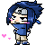 Pixel art contact sheet showing two frames of an animated character with blue hair, a headband, and pink hearts floating nearby.