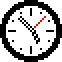 Two side-by-side pixelated clock faces with black borders, white backgrounds, black hour/minute hands, and red second hands showing different times.