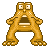 Pixelated golden-brown creature with wide eyes, open mouth showing teeth, and four limbs on a gray background.