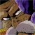 Pixelated close-up of a figure with brown hair and a white garment against a purple background.