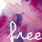 A repeating pattern of the word 'free' in white cursive script over a pink and purple watercolor background with orange diagonal lines.
