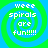 Four identical pixelated spiral patterns with green and blue concentric rings and white text reading "weee spirals are fun!!!!!" on a solid green background.