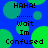 Blue background with green circles and pixelated text reading HAHA!, Wait, Im Confused in black font.