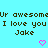 Pixelated text on cyan background with two pink hearts, displaying repeated phrases and a name.