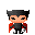 Pixel art character with black hair, red cape, and dark clothing in multiple poses against gray background.