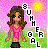 Pixelated image of a female character in pink dress standing on green grass under pink sky with sun, text "SUMMER GOAL" vertically aligned right.