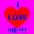 Red heart shape with blue text "I LOVE ME!!!" on bright pink background, four identical copies arranged in a