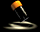 Animated sequence of a cylindrical object with orange top and black body rotating against dark background, emitting light trails.