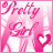 Pixelated pink and white graphic with 'Pretty Girl' text, two hands holding hearts, one heart changing from solid to outlined.