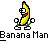 Pixelated banana character with green limbs and white shoes in multiple poses above text reading "Banana Man".