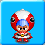 Pixel art character with red and white mushroom cap, blue helmet, red body, yellow belt, and flame effects on blue background.