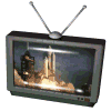 Four television sets display sequential rocket launch and space shuttle scenes with visible flame, smoke, and exhaust plumes.