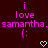 Pixelated text reads "i love samantha." with two cyan hearts below on a dark red background.