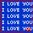 Blue background with repeated white text "I LOVE YOU" in pixelated font, four red outlined squares containing the same pattern, and small red animated elements near bottom-right of each square.