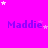 A bright pink background with repeated 'Maddie' text in blue, scattered white and light purple stars, and a gray rectangle at the bottom right.