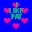 Pixelated blue background with pink heart shapes and green text reading "I LIKE PAT" in four locations.