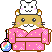 Pixel art of a hamster in pink kimono holding rainbow lantern, with cat on head; left view shows open eyes, right view shows wink.