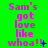 Green background with pink text reading "Sam's got love like whoa!!" and small blue symbols changing across frames.