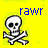 A contact sheet of five animated frames showing a pixelated skull and crossbones icon with "rawr" text in different colors on a yellow background, arranged 3x2 with the bottom-right frame missing.