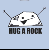 Pixelated white cloud-shaped character with black eyes and mouth, two antennae-like appendages, resting on a dark base beneath 'HUG A ROCK' text.