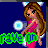 Pixelated character with long brown hair, blue eyes, and a pink dress holding a glowing orb against dark blue background.