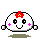 A 4-frame pixel art animation of a white rounded character with red flower on head, pink cheek marks, and gray ground shadow across four distinct poses.