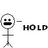 Three stick figures with neutral expressions hold a sequence of text: HOLD, THAT, THOUGHT. Below them, three walking stick figures approach a gray platform.