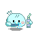 Pixel art contact sheet showing two frames of a light blue cartoon character with black eyes, pink cheeks, and green antennae holding a striped object while crying blue tears against gray background.