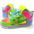 Colorful cartoon-style shoes with green, pink, yellow, blue, and orange sections on a white background.