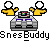 Pixel art of two yellow-shirted figures with white circular heads flanking a gray console with purple accents and a multicolored screen, below which is the text 'SnesBuddy' in blocky white letters.