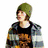 A person with brown hair wears a green beanie, black shirt, and blue-gray jacket; another person in gray sweater has dark purple text on chest.
