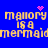 Blue background with yellow pixelated text repeating 'mallory is a mermaid' and pink pixelated heart/sparkle symbols above and between text blocks.