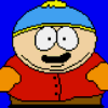 Pixelated cartoon character with blue hat, red vest, and orange sleeves in four variations against solid blue background.
