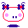 Pixelated cartoon head with red outline, pink cheeks, purple bows with red centers, and changing facial features