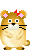 Pixelated hamster-like character with brown fur, pink star-shaped ears, red bow on head, black whiskers, and white muzzle in three poses: arms crossed, smiling with heart bubble, blushing with hand over mouth.