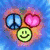 A heart-shaped icon with three embedded symbols: a blue peace sign, pink heart, and green smiley face on a pixelated blue background.