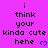 Pixelated text on bright pink background reads 'i think your kinda cute hehe' with blue heart symbols, repeated in three with slight variations