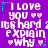 Purple background with repeated white pixelated text "I LOVE you ** its hard to explain *why." surrounded by cyan and blue star-like shapes.