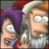 Two cartoon characters with exaggerated expressions, one with purple hair and the other with a white beard and Santa hat, both in close-up view.