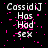 Pixelated text on black background with pink speckles, displaying 'CassidiJ Has Had sex' in white block letters