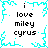 Pixelated cyan snowflake with black text 'i love miley cyrus' repeated in four corners on white background.