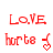 Red pixelated text 'LOVE' and 'hurts' with heart and arrow symbols in a , animated with changing symbols