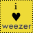 Two side-by-side animated frames of a yellow buddy icon with black dotted border, featuring 'i' above heart symbol and 'weezer' text below on gray background.