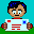Pixelated character with dark blue hair and brown skin holds a white sign with red and blue squares, standing against a teal background with green base.