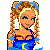 Pixelated cartoon character with braided blonde hair, blue top with yellow crescent, white chest, dark blue pants, and blue hair ties.