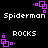 A 4-frame animated contact sheet showing alternating Spiderman and ROCKS text with purple square animations on a black background.